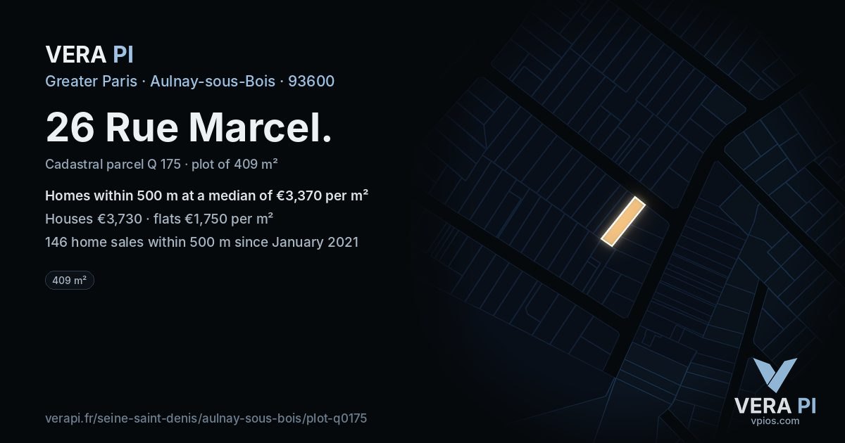 26 Rue Marcel, Aulnay-sous-Bois at night – the plot lit, the parcels around coloured by the prices near them
