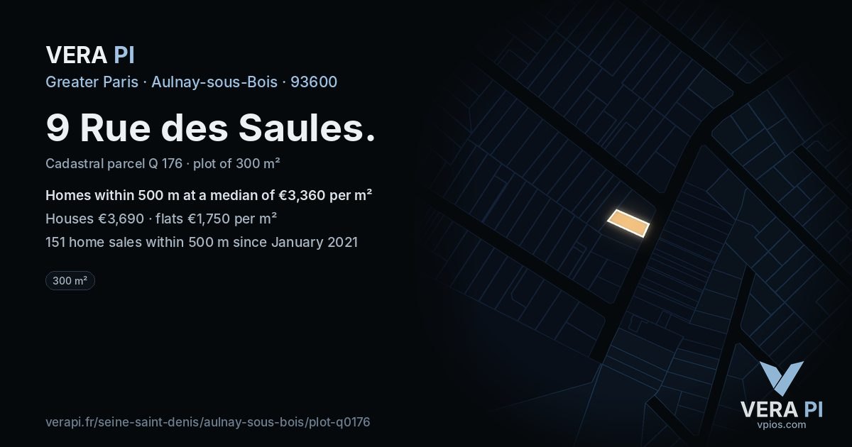 9 Rue des Saules, Aulnay-sous-Bois at night – the plot lit, the parcels around coloured by the prices near them