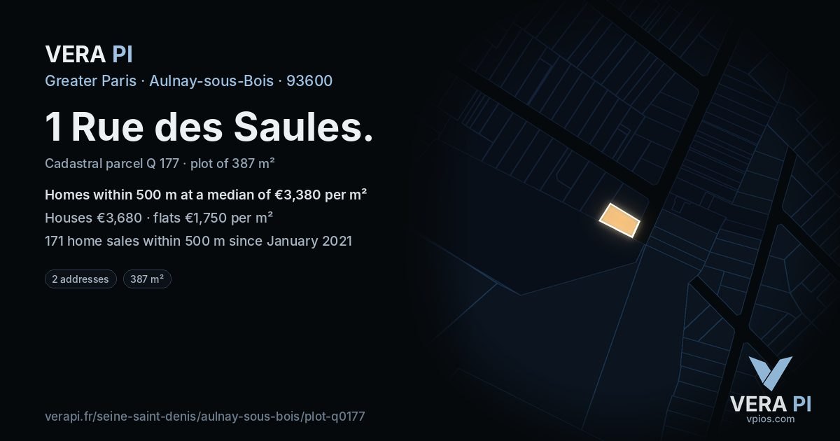 1 Rue des Saules, Aulnay-sous-Bois at night – the plot lit, the parcels around coloured by the prices near them