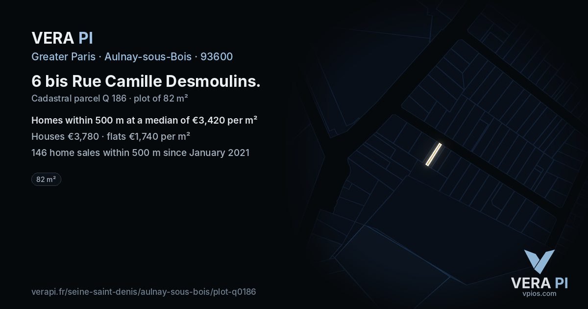6 bis Rue Camille Desmoulins, Aulnay-sous-Bois at night – the plot lit, the parcels around coloured by the prices near them