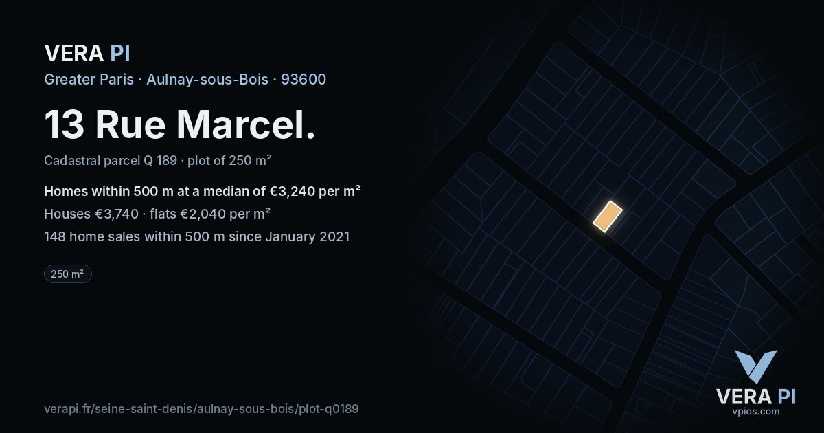 13 Rue Marcel, Aulnay-sous-Bois at night – the plot lit, the parcels around coloured by the prices near them