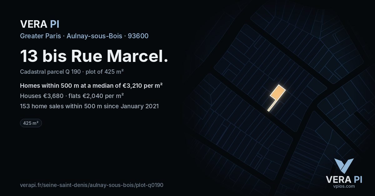 13 bis Rue Marcel, Aulnay-sous-Bois at night – the plot lit, the parcels around coloured by the prices near them