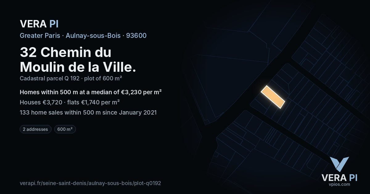 32 Chemin du Moulin de la Ville, Aulnay-sous-Bois at night – the plot lit, the parcels around coloured by the prices near them