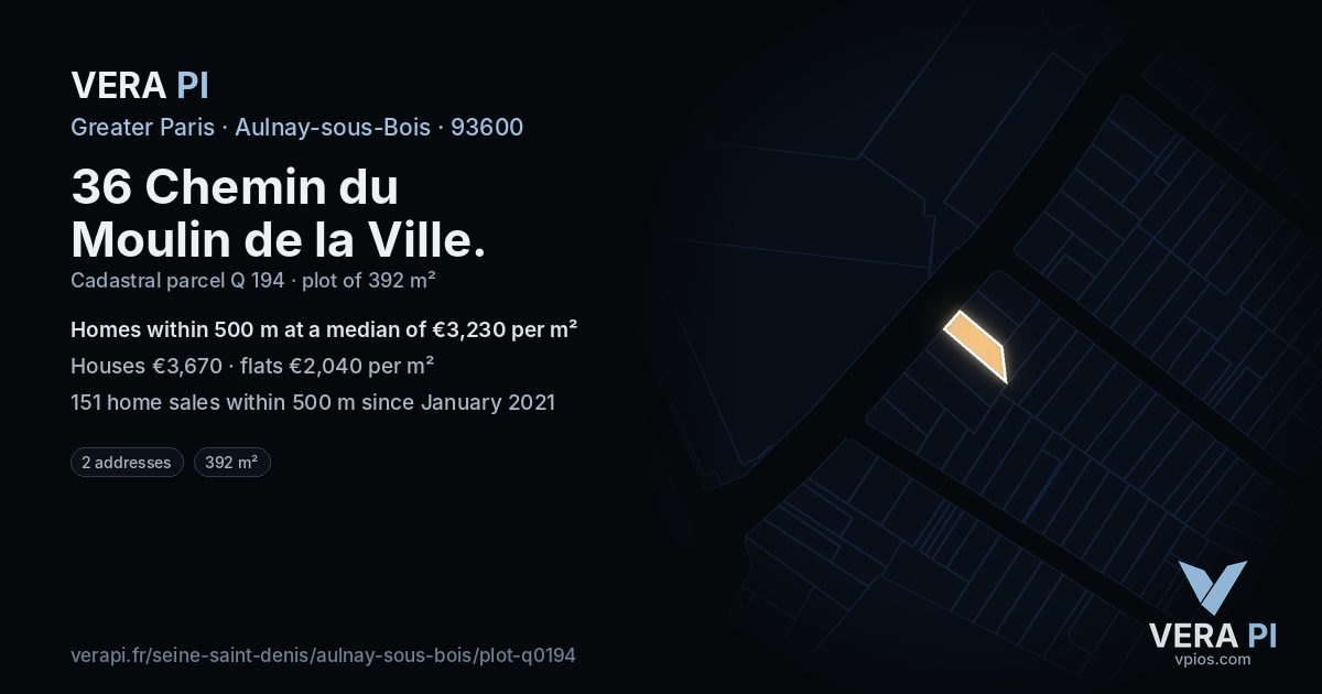 36 Chemin du Moulin de la Ville, Aulnay-sous-Bois at night – the plot lit, the parcels around coloured by the prices near them