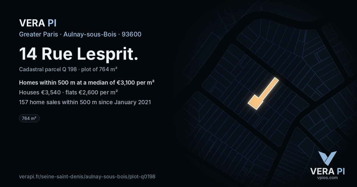 14 Rue Lesprit, Aulnay-sous-Bois at night – the plot lit, the parcels around coloured by the prices near them