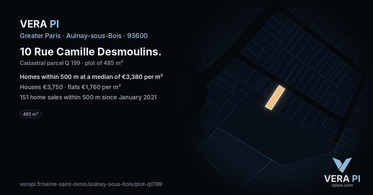10 Rue Camille Desmoulins, Aulnay-sous-Bois at night – the plot lit, the parcels around coloured by the prices near them