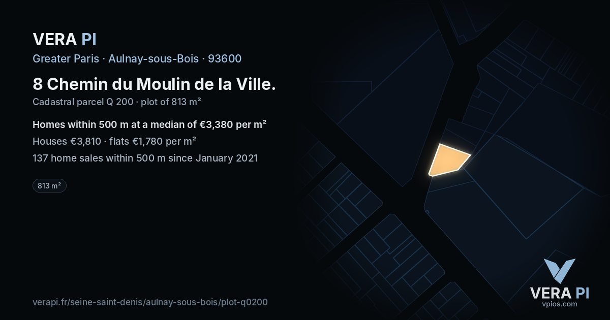 8 Chemin du Moulin de la Ville, Aulnay-sous-Bois at night – the plot lit, the parcels around coloured by the prices near them
