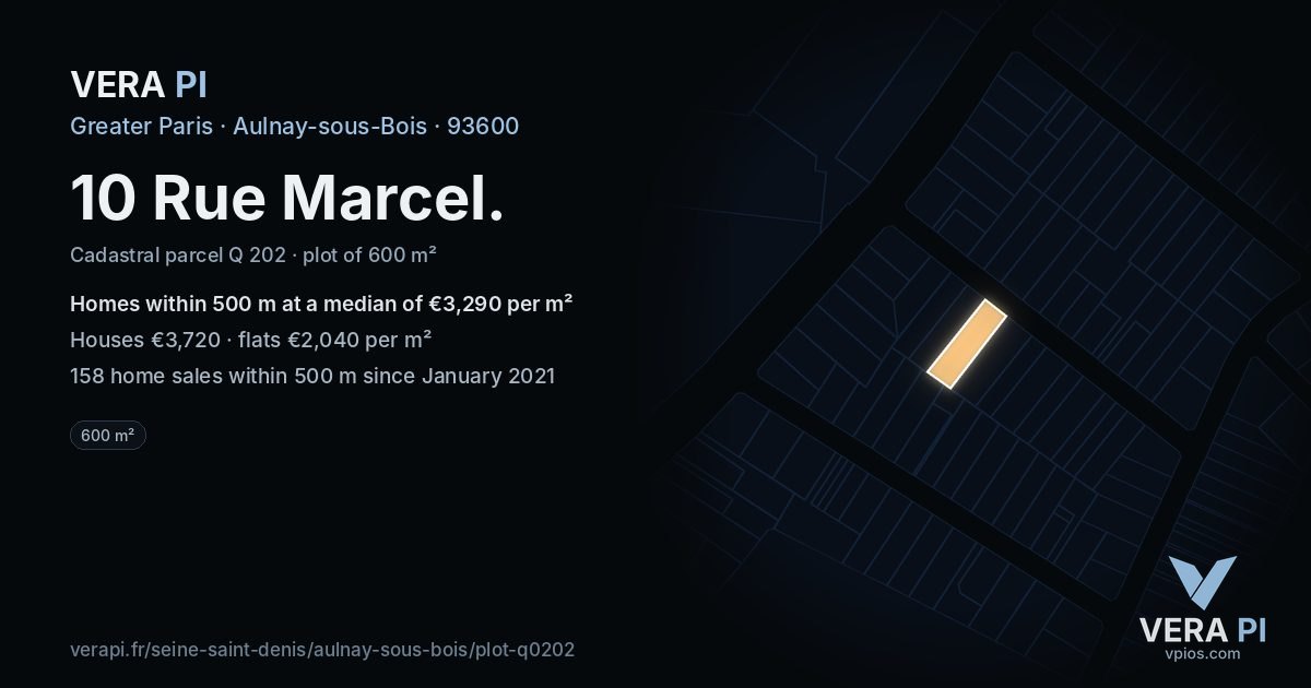 10 Rue Marcel, Aulnay-sous-Bois at night – the plot lit, the parcels around coloured by the prices near them