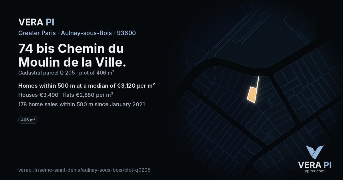 74 bis Chemin du Moulin de la Ville, Aulnay-sous-Bois at night – the plot lit, the parcels around coloured by the prices near them