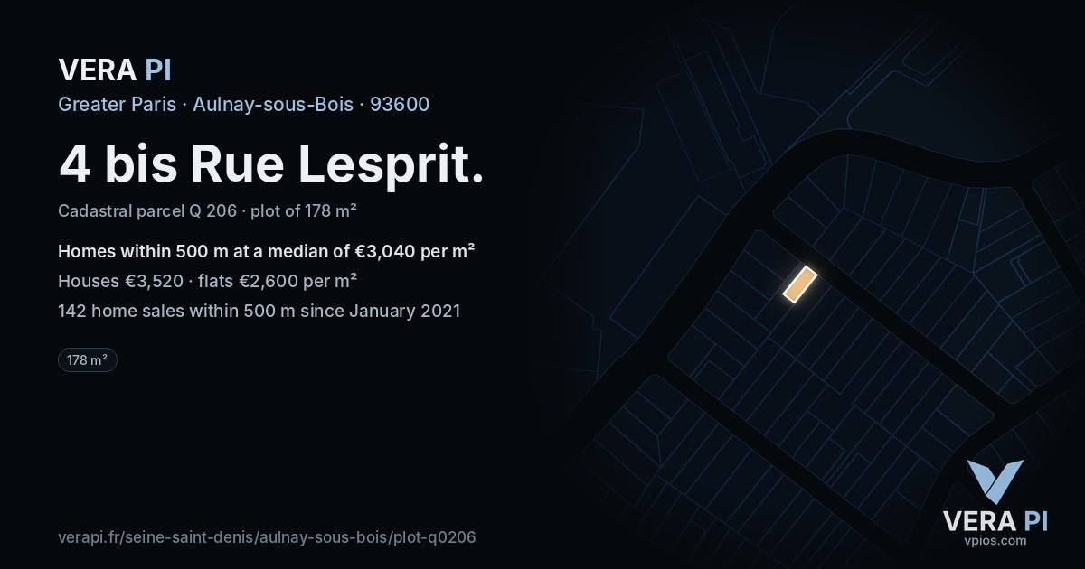 4 bis Rue Lesprit, Aulnay-sous-Bois at night – the plot lit, the parcels around coloured by the prices near them