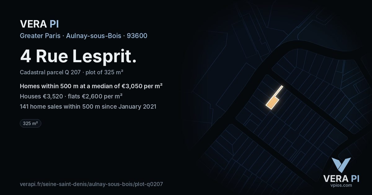 4 Rue Lesprit, Aulnay-sous-Bois at night – the plot lit, the parcels around coloured by the prices near them