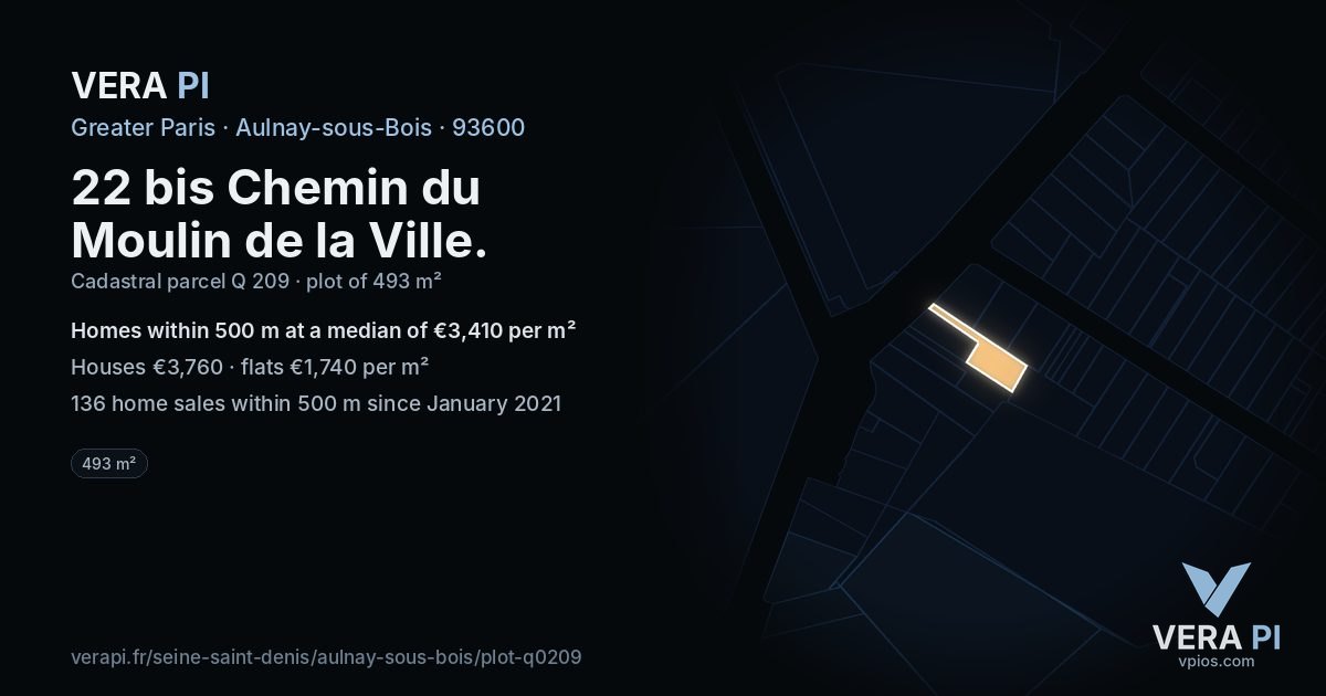 22 bis Chemin du Moulin de la Ville, Aulnay-sous-Bois at night – the plot lit, the parcels around coloured by the prices near them