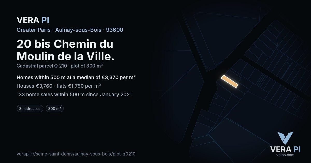 20 bis Chemin du Moulin de la Ville, Aulnay-sous-Bois at night – the plot lit, the parcels around coloured by the prices near them