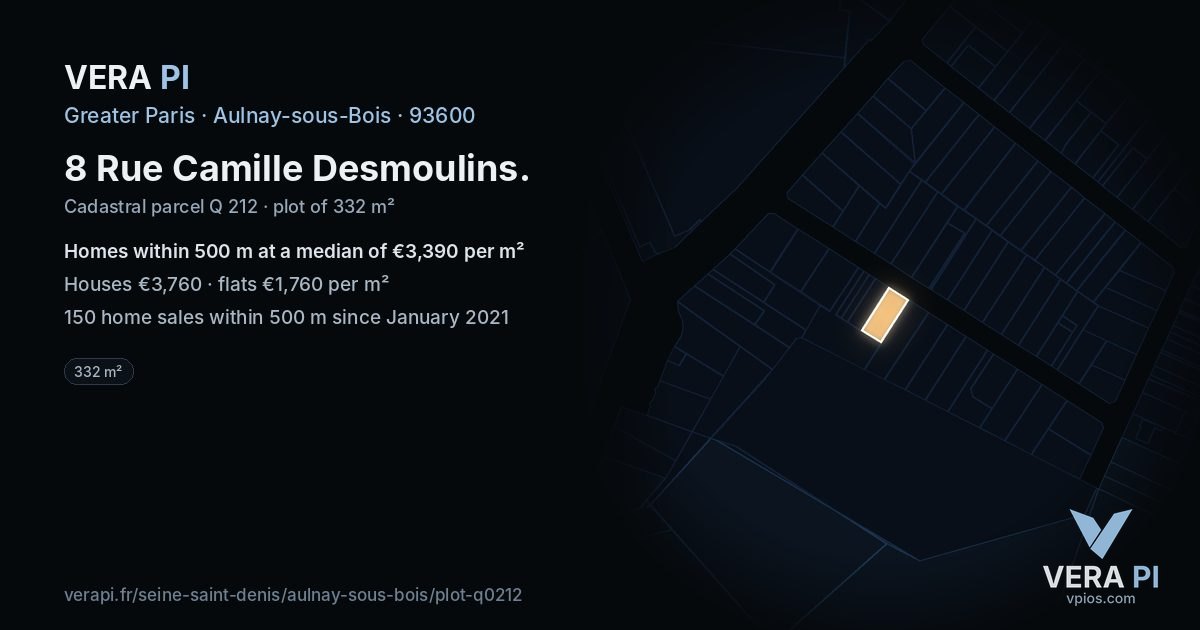 8 Rue Camille Desmoulins, Aulnay-sous-Bois at night – the plot lit, the parcels around coloured by the prices near them