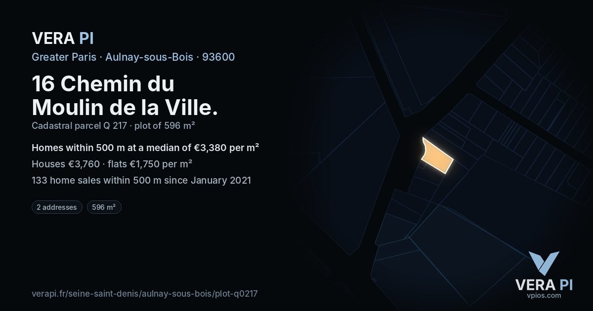 16 Chemin du Moulin de la Ville, Aulnay-sous-Bois at night – the plot lit, the parcels around coloured by the prices near them