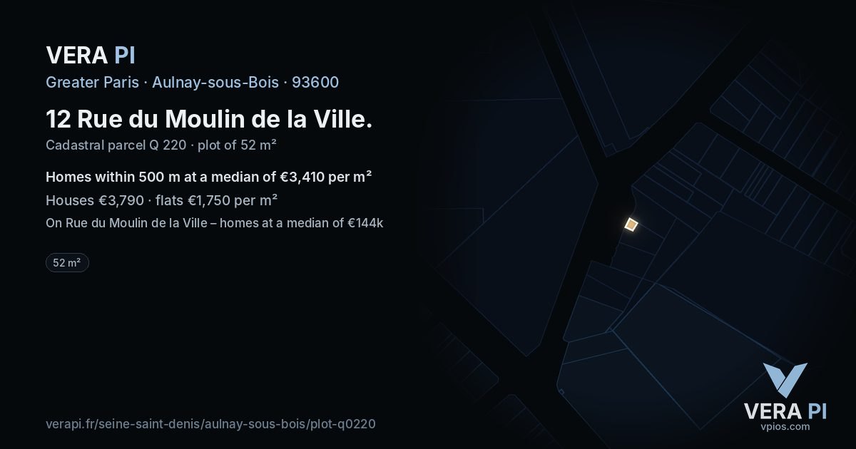 12 Rue du Moulin de la Ville, Aulnay-sous-Bois at night – the plot lit, the parcels around coloured by the prices near them