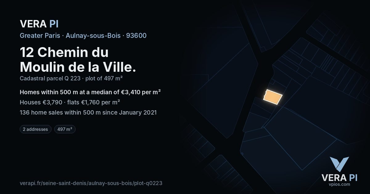 12 Chemin du Moulin de la Ville, Aulnay-sous-Bois at night – the plot lit, the parcels around coloured by the prices near them