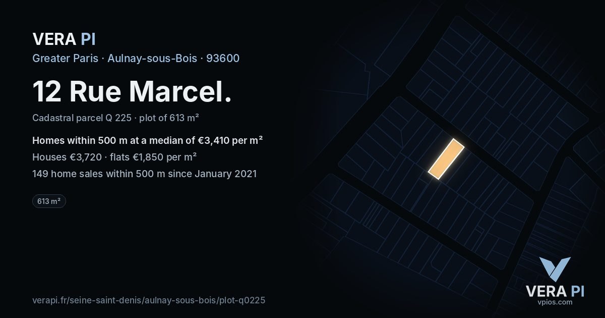 12 Rue Marcel, Aulnay-sous-Bois at night – the plot lit, the parcels around coloured by the prices near them