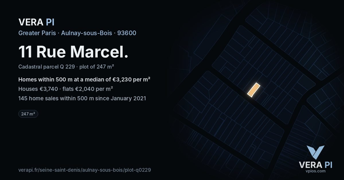 11 Rue Marcel, Aulnay-sous-Bois at night – the plot lit, the parcels around coloured by the prices near them