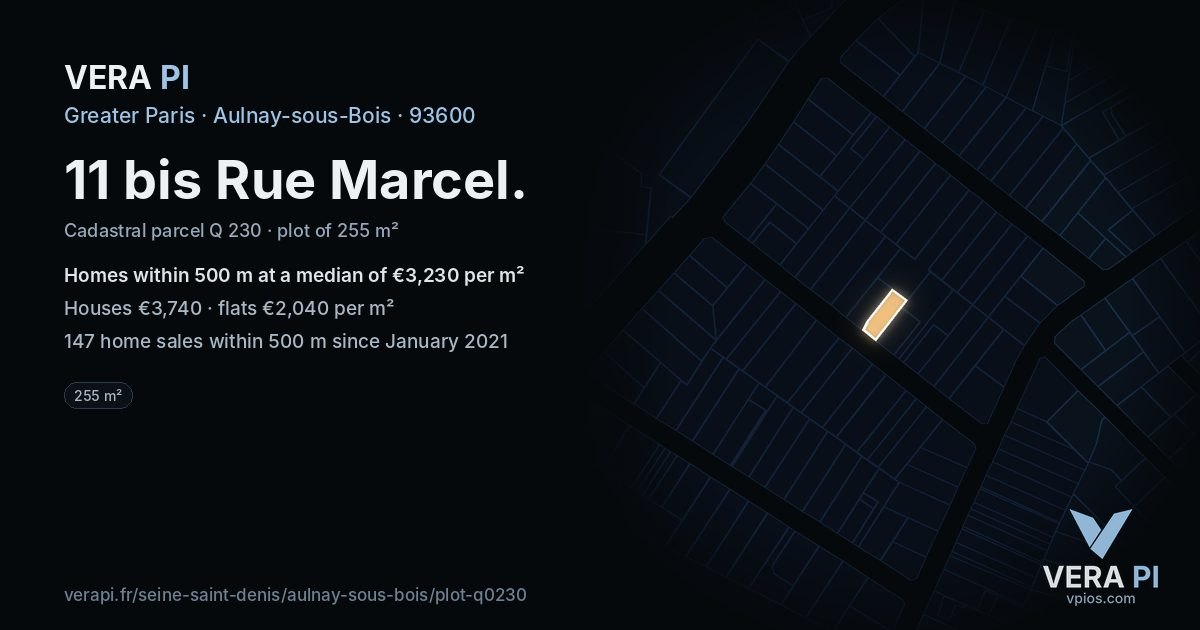 11 bis Rue Marcel, Aulnay-sous-Bois at night – the plot lit, the parcels around coloured by the prices near them