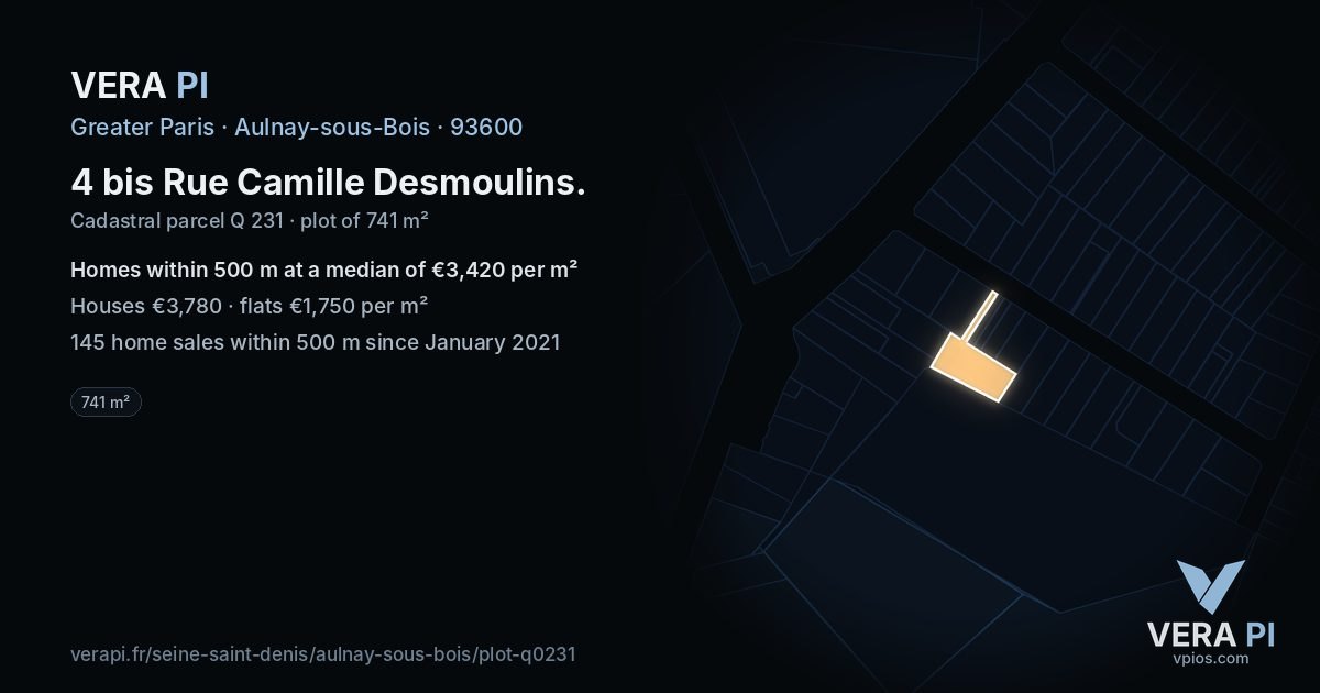 4 bis Rue Camille Desmoulins, Aulnay-sous-Bois at night – the plot lit, the parcels around coloured by the prices near them