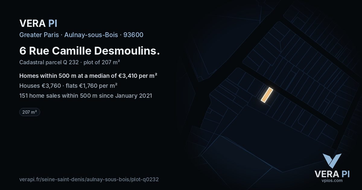 6 Rue Camille Desmoulins, Aulnay-sous-Bois at night – the plot lit, the parcels around coloured by the prices near them