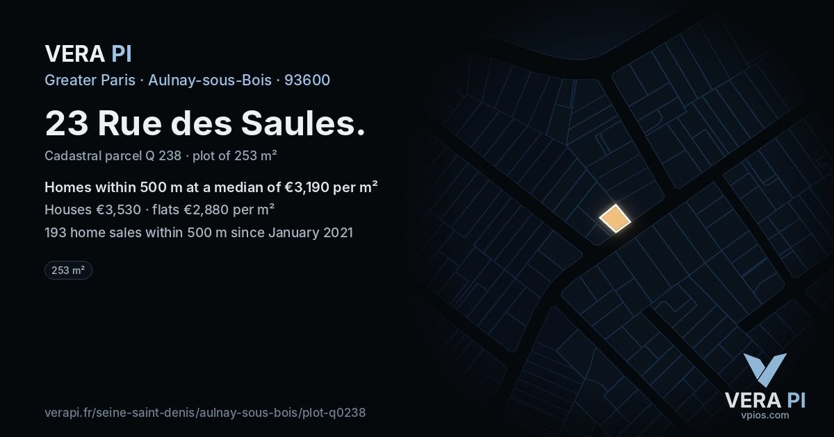 23 Rue des Saules, Aulnay-sous-Bois at night – the plot lit, the parcels around coloured by the prices near them