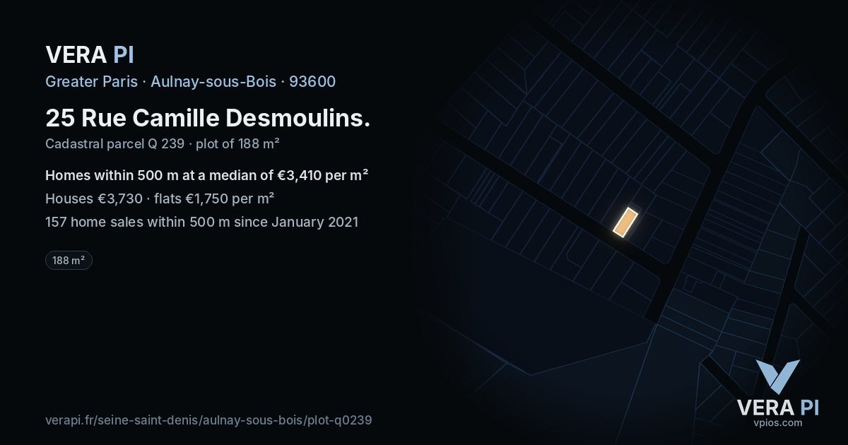 25 Rue Camille Desmoulins, Aulnay-sous-Bois at night – the plot lit, the parcels around coloured by the prices near them