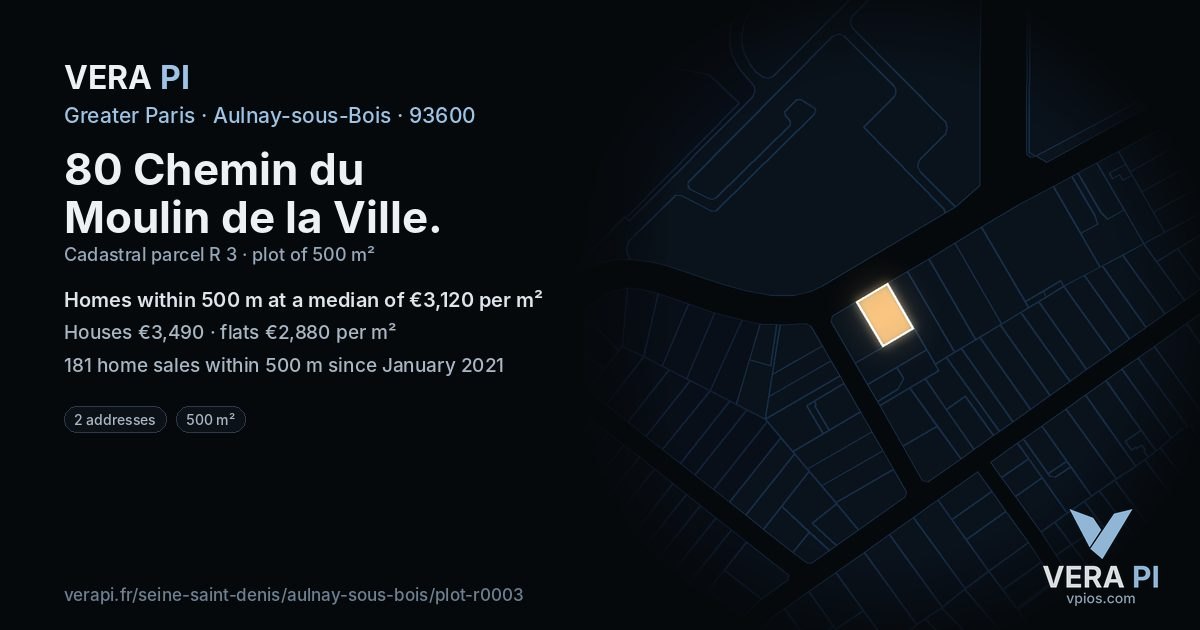 80 Chemin du Moulin de la Ville, Aulnay-sous-Bois at night – the plot lit, the parcels around coloured by the prices near them