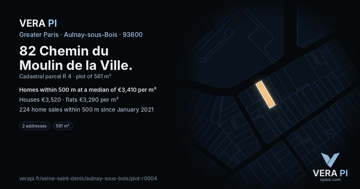 82 Chemin du Moulin de la Ville, Aulnay-sous-Bois at night – the plot lit, the parcels around coloured by the prices near them
