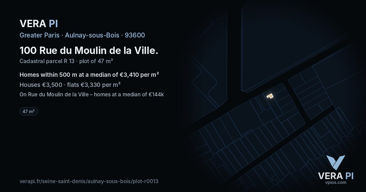 100 Rue du Moulin de la Ville, Aulnay-sous-Bois at night – the plot lit, the parcels around coloured by the prices near them