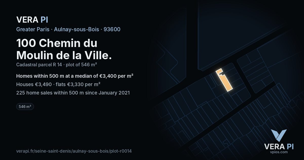 100 Chemin du Moulin de la Ville, Aulnay-sous-Bois at night – the plot lit, the parcels around coloured by the prices near them