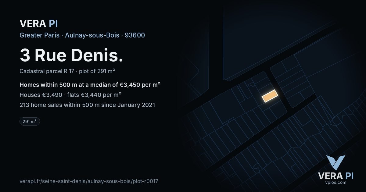 3 Rue Denis, Aulnay-sous-Bois at night – the plot lit, the parcels around coloured by the prices near them