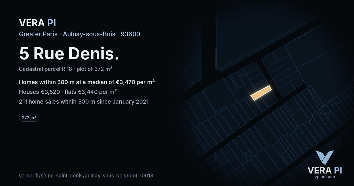 5 Rue Denis, Aulnay-sous-Bois at night – the plot lit, the parcels around coloured by the prices near them