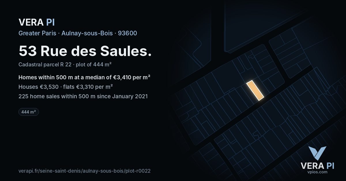 53 Rue des Saules, Aulnay-sous-Bois at night – the plot lit, the parcels around coloured by the prices near them