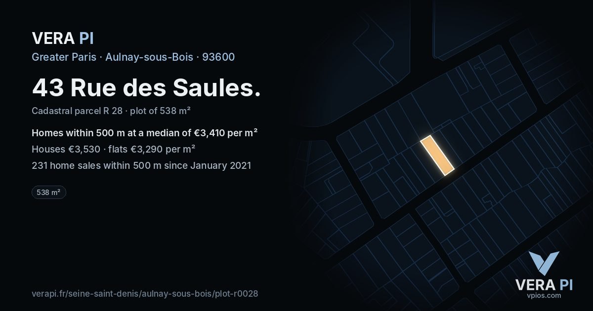 43 Rue des Saules, Aulnay-sous-Bois at night – the plot lit, the parcels around coloured by the prices near them