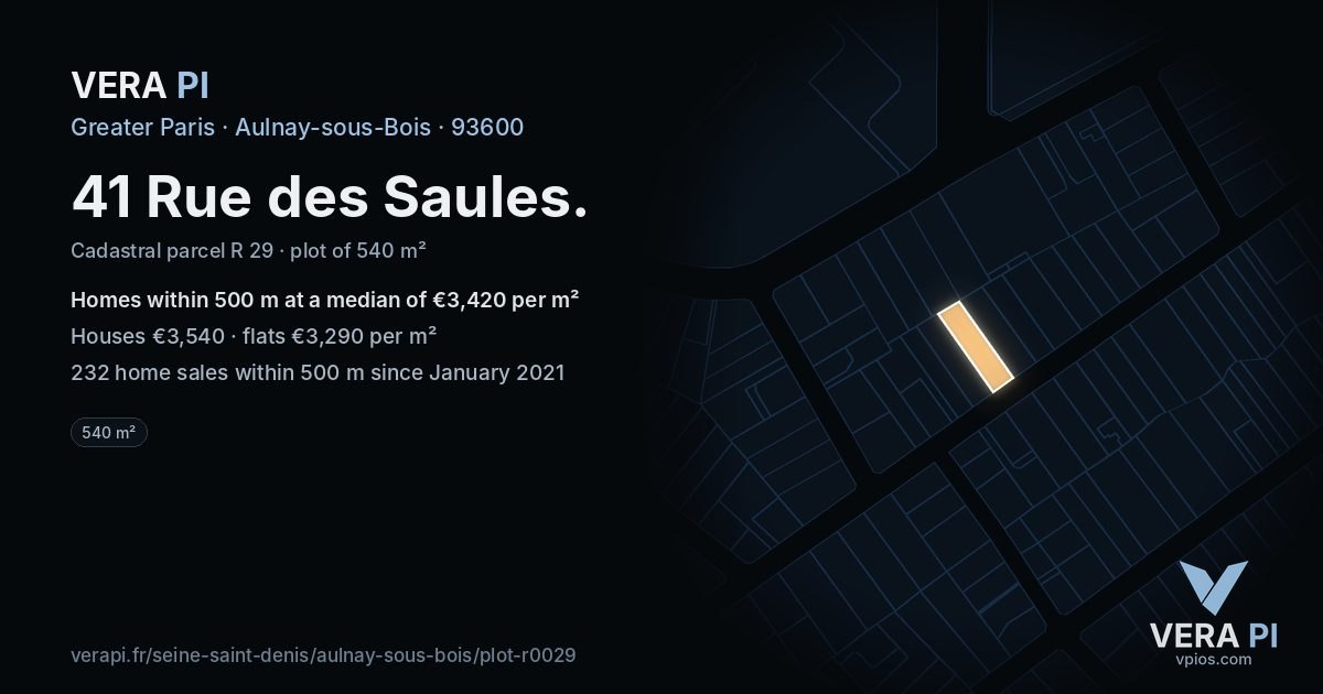 41 Rue des Saules, Aulnay-sous-Bois at night – the plot lit, the parcels around coloured by the prices near them