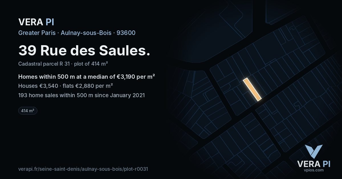 39 Rue des Saules, Aulnay-sous-Bois at night – the plot lit, the parcels around coloured by the prices near them