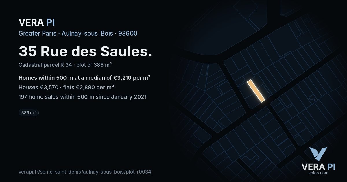 35 Rue des Saules, Aulnay-sous-Bois at night – the plot lit, the parcels around coloured by the prices near them