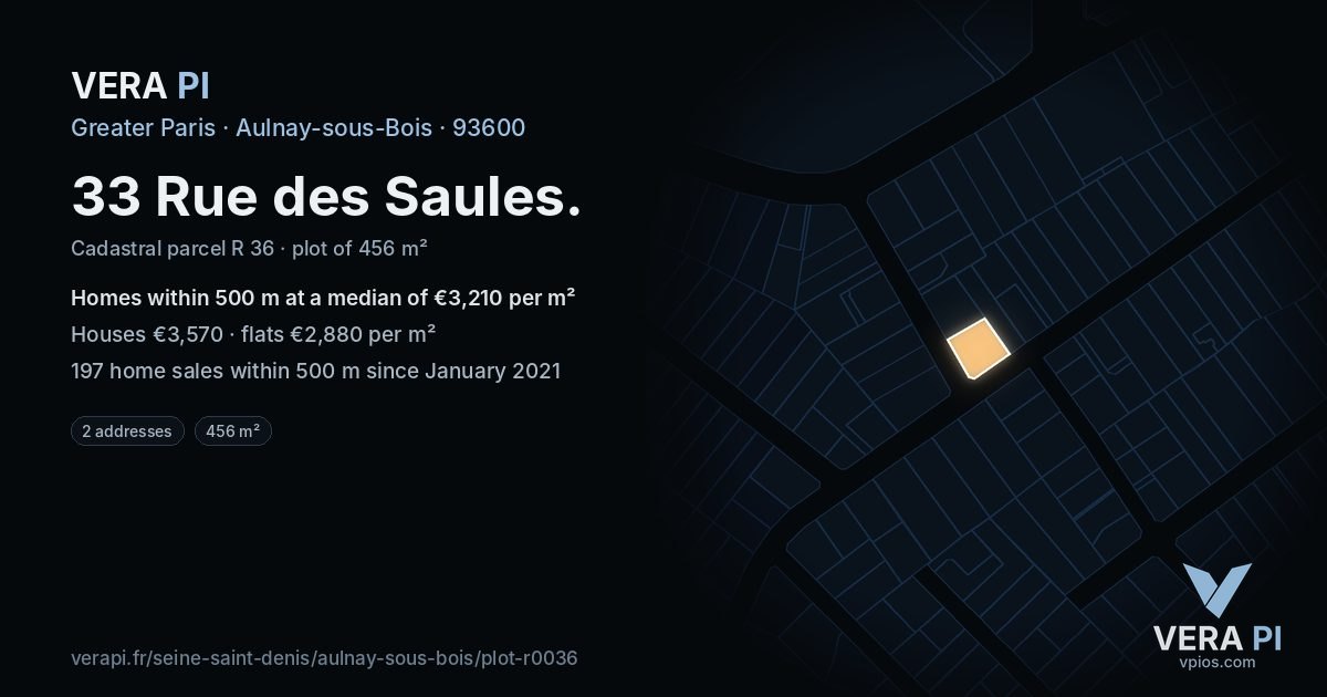 33 Rue des Saules, Aulnay-sous-Bois at night – the plot lit, the parcels around coloured by the prices near them