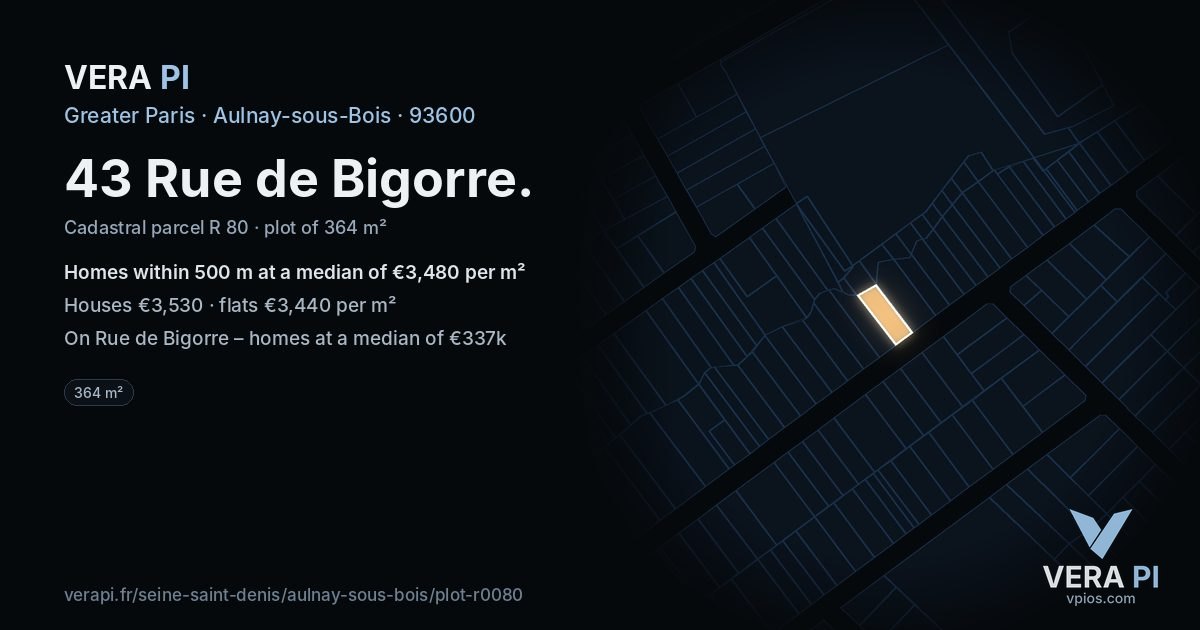 43 Rue de Bigorre, Aulnay-sous-Bois at night – the plot lit, the parcels around coloured by the prices near them