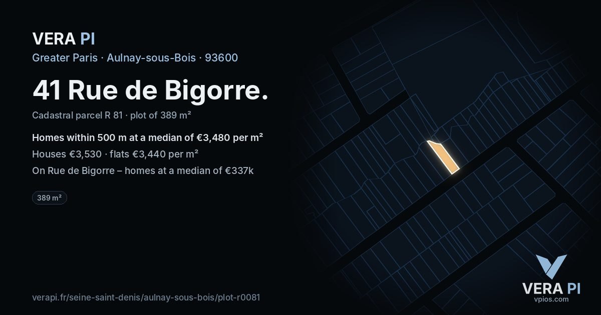 41 Rue de Bigorre, Aulnay-sous-Bois at night – the plot lit, the parcels around coloured by the prices near them