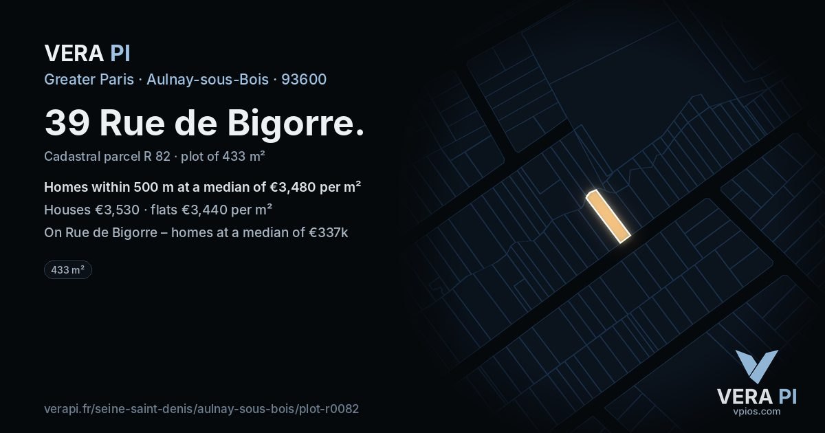 39 Rue de Bigorre, Aulnay-sous-Bois at night – the plot lit, the parcels around coloured by the prices near them