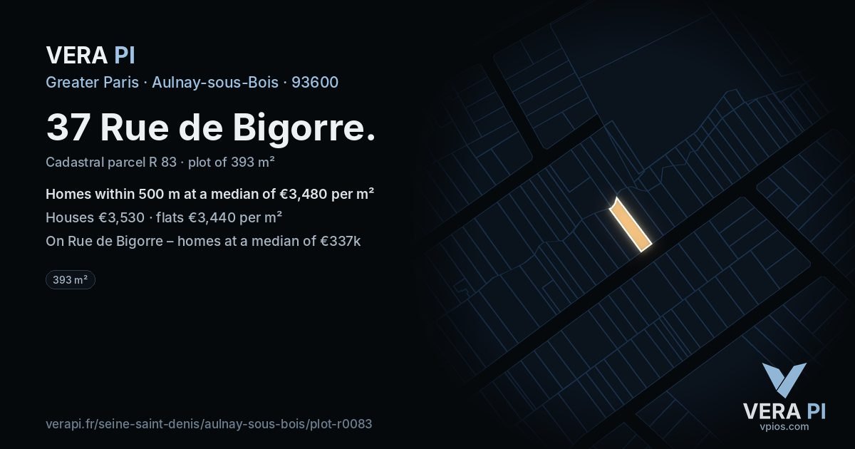 37 Rue de Bigorre, Aulnay-sous-Bois at night – the plot lit, the parcels around coloured by the prices near them