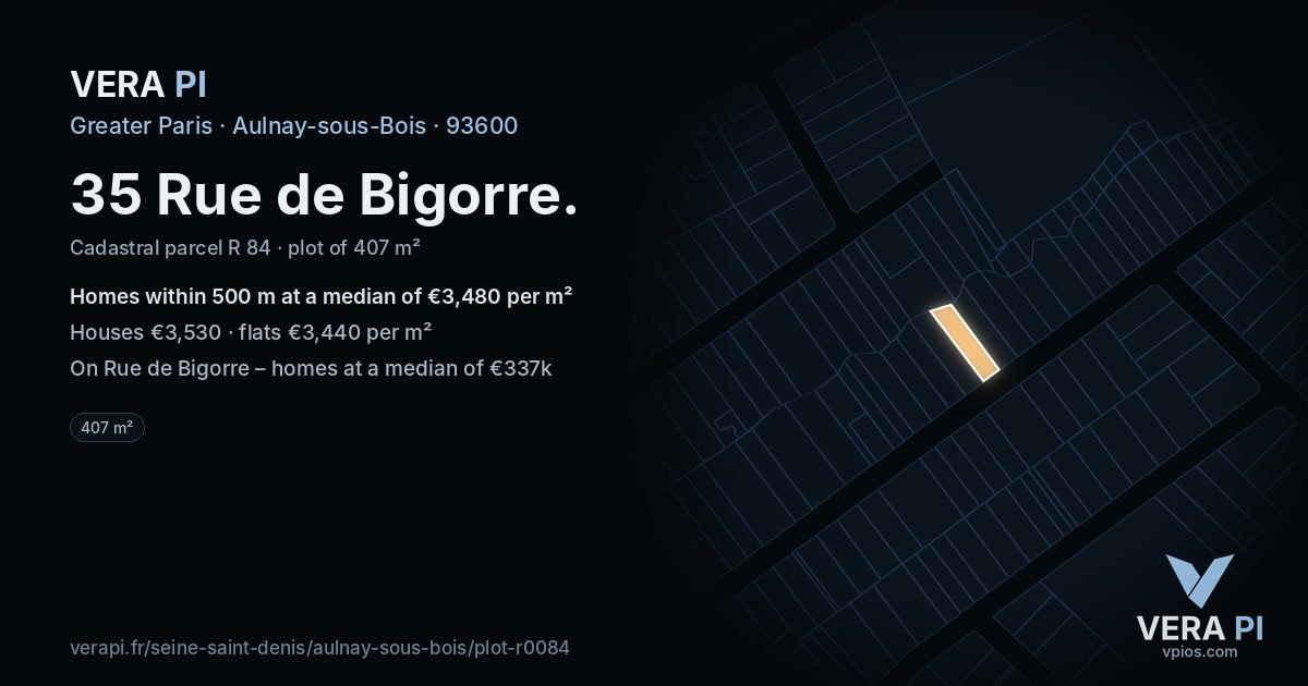 35 Rue de Bigorre, Aulnay-sous-Bois at night – the plot lit, the parcels around coloured by the prices near them