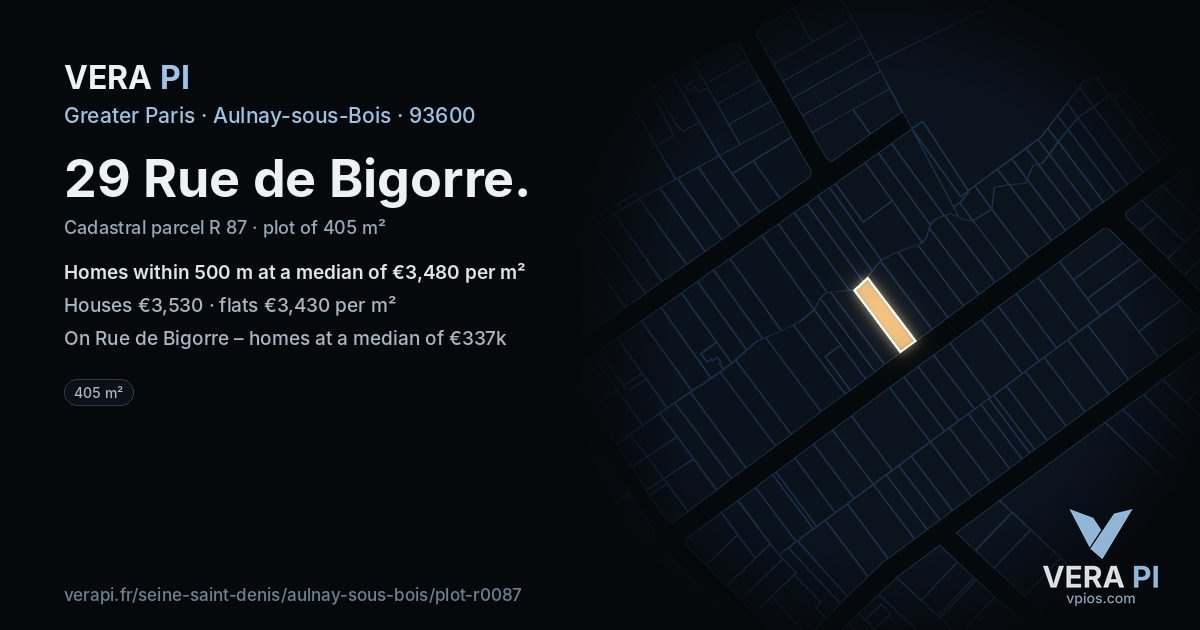 29 Rue de Bigorre, Aulnay-sous-Bois at night – the plot lit, the parcels around coloured by the prices near them