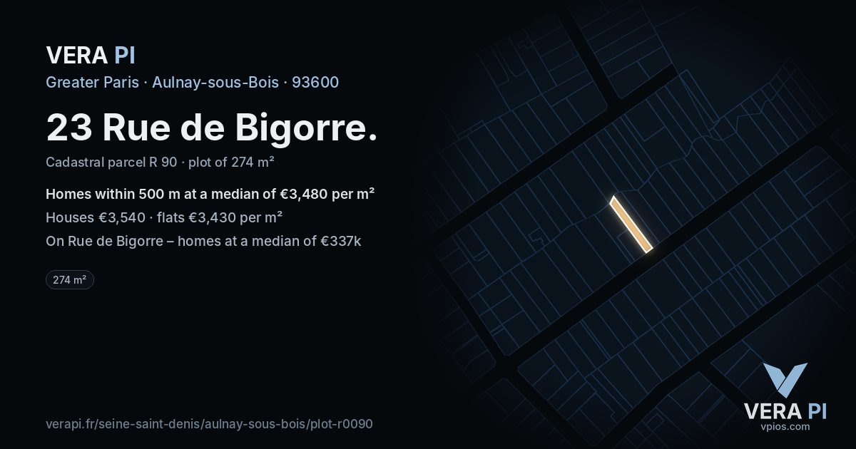 23 Rue de Bigorre, Aulnay-sous-Bois at night – the plot lit, the parcels around coloured by the prices near them