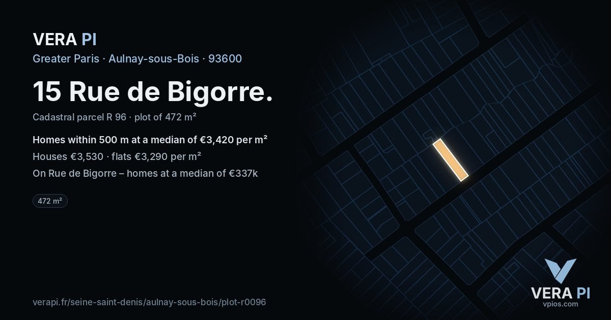 15 Rue de Bigorre, Aulnay-sous-Bois at night – the plot lit, the parcels around coloured by the prices near them