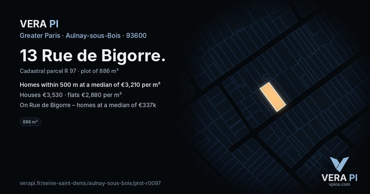 13 Rue de Bigorre, Aulnay-sous-Bois at night – the plot lit, the parcels around coloured by the prices near them