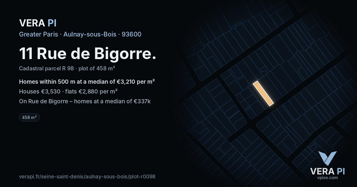 11 Rue de Bigorre, Aulnay-sous-Bois at night – the plot lit, the parcels around coloured by the prices near them